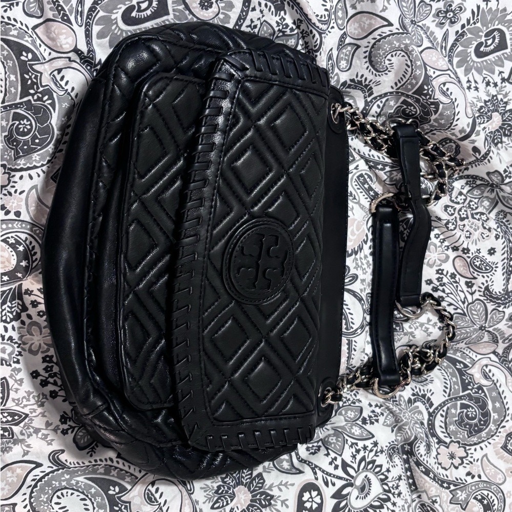 Quilted Black Leather Crossbody Shoulder Bag Tort Burch